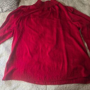 Red High Neck Long Sleeve Blouse with Smocked Cuffs | Size M
